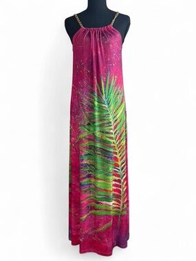 Leoma Love Grove Magenta Maxi Dress with Green Palm Print